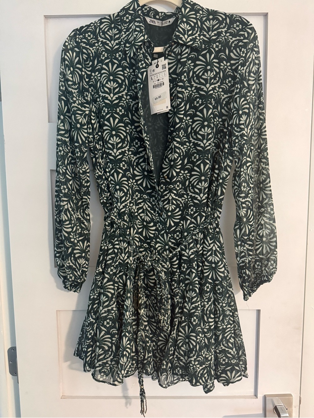 Zara Dark Green and White Floral Long Sleeve Mini Dress